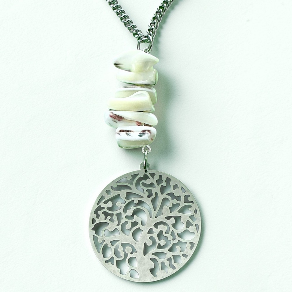 🆕 Tree of Life and Large White Gemstones Pendant Necklace-Stainless Steel